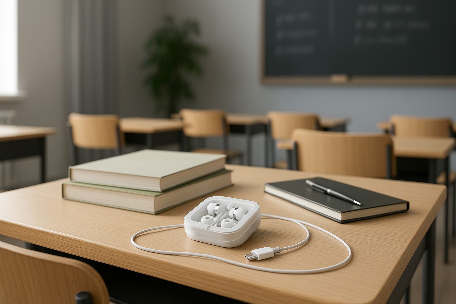 Ear‑USB 3 met opbergdoosje op tafel in klaslokaal